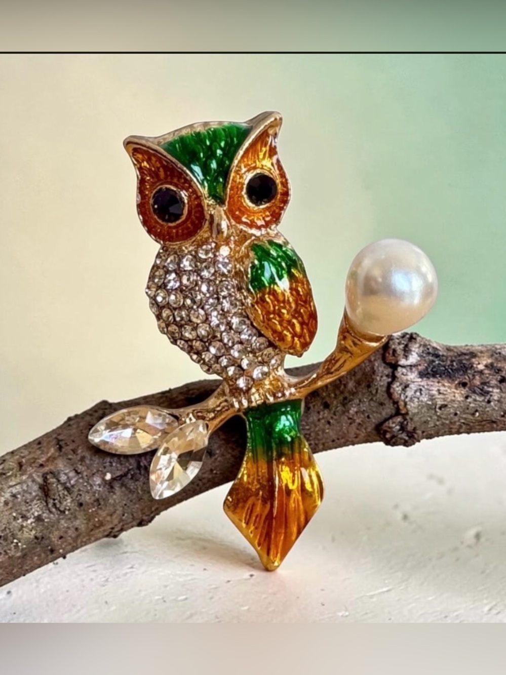 Enamel Owl Brooch with Rhinestones and Faux Pearl